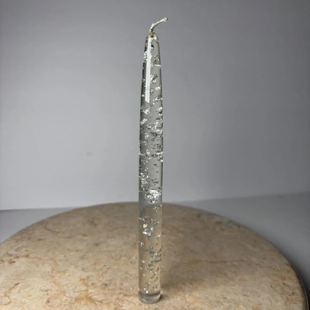 Vintage Lucite Silver Foil Gel Taper Candle 8 Inch Clear Metallic Leaf Accent